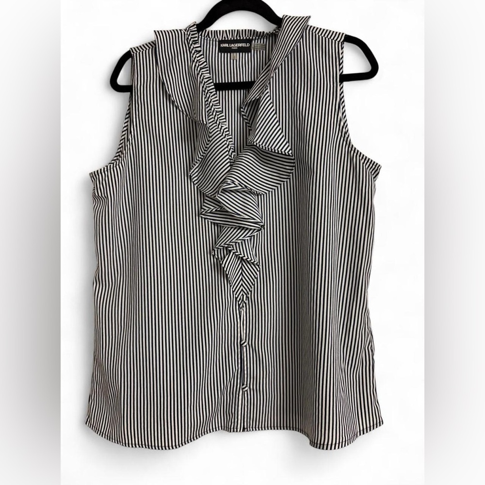 Karl Lagerfeld Monochrome Striped Ruffle Blouse